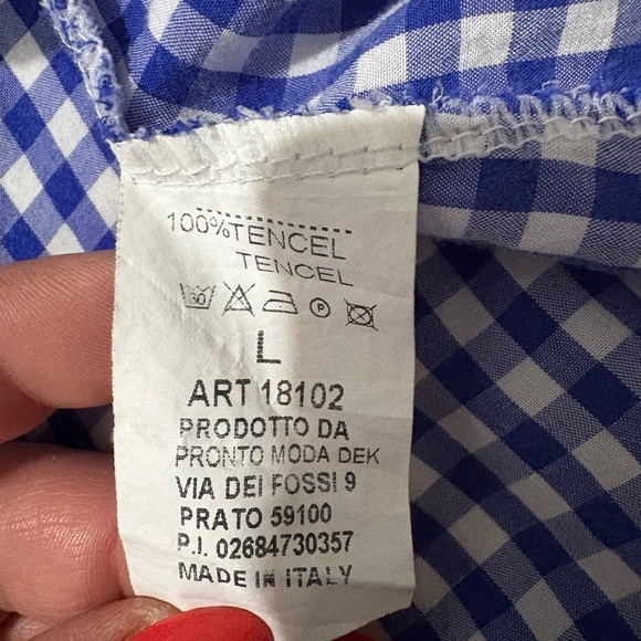 Made in Italy blue gingham crochet long sleeve top size Large shirt - Picture 8 of 11